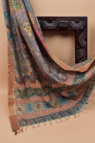 Mustard Tussar Kalamkari saree with peacock motifs