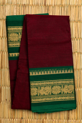 Deep Maroon Chettinad Cotton Saree with Forest Green and Gold Peacock Border