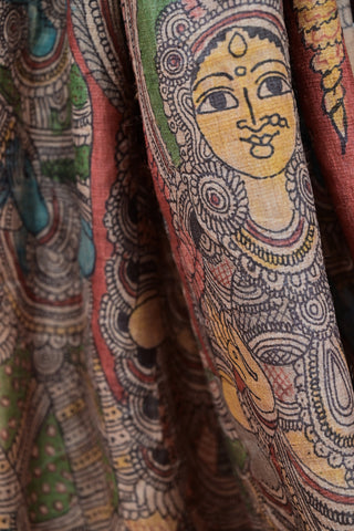 Mustard Tussar Kalamkari saree with peacock motifs