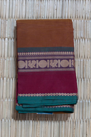 Mustard Chettinad Cotton Saree with Maroon Border and Green Salvage