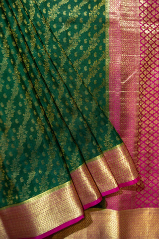 Exquisite Green Mysore Crepe Silk Saree with Pink Border Gold Zari Brocade