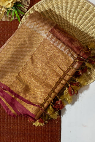 Copper Red and Gold Linen Tissue Saree