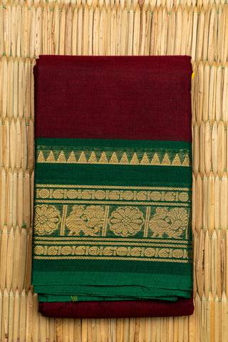 Deep Maroon Chettinad Cotton Saree with Forest Green and Gold Peacock Border