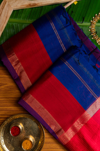 Royal Blue and Crimson Red Maheshwari Saree