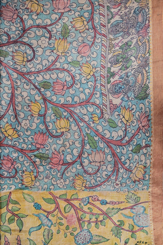 Mustard Tussar Kalamkari saree with peacock motifs