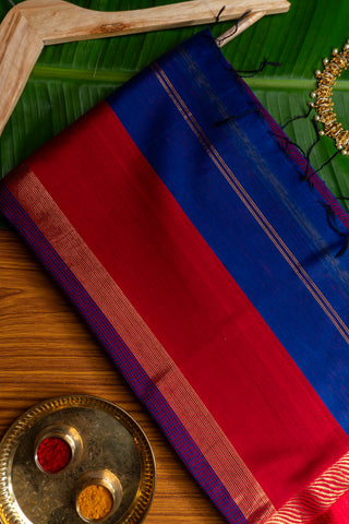 Royal Blue and Crimson Red Maheshwari Saree