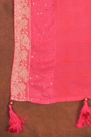 Fuchsia pink jacquard dupatta with sequin embellishments, silver Banarasi zari floral borders and beaded tassels
