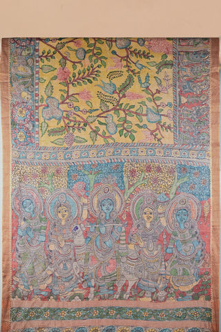 Mustard Tussar Kalamkari saree with peacock motifs