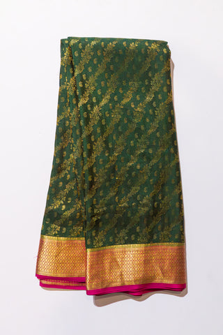 Exquisite Green Mysore Crepe Silk Saree with Pink Border Gold Zari Brocade