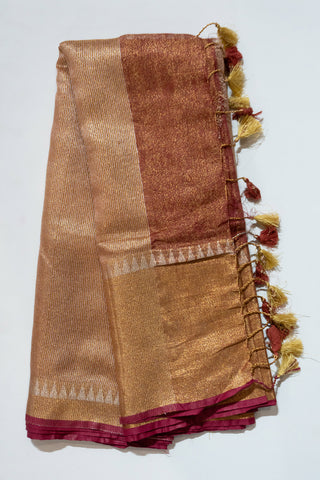 Copper Red and Gold Linen Tissue Saree