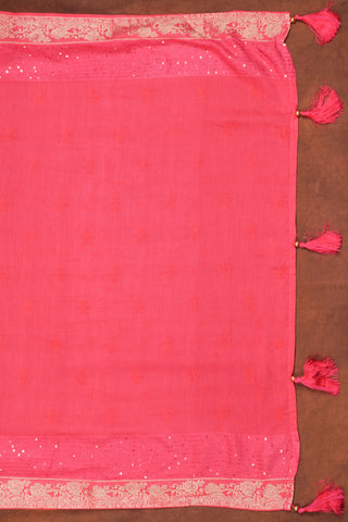 Fuchsia pink jacquard dupatta with sequin embellishments, silver Banarasi zari floral borders and beaded tassels
