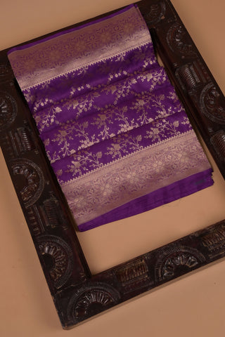 Purple Pure Silk Saree with gold floral motifs