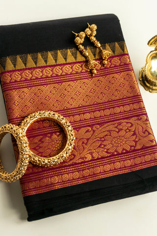 Black Chettinad cotton saree with gold zari and maroon border