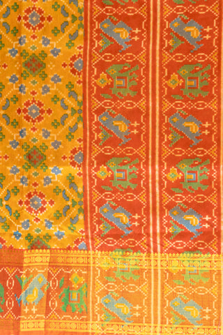 Golden Mustard Art Silk Patola Print Saree with multicolour Patola motifs