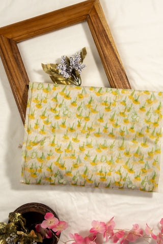 White Chanderi dupatta with yellow floral block print