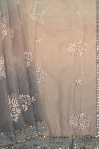 Dual-Tone Dark Grey Light Greyand  Organza Chikankari Saree with White Embroidery