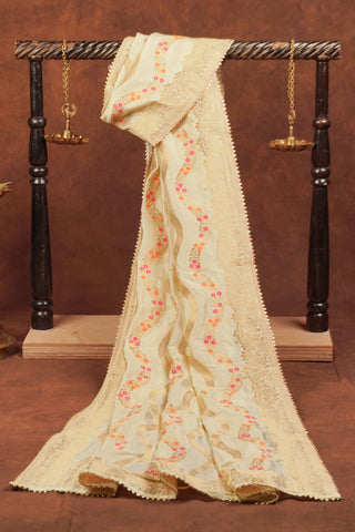Cream Banarasi Dola silk dupatta with gold zari leheriya waves, floral meenakari dots and scalloped gold kiran lace edge