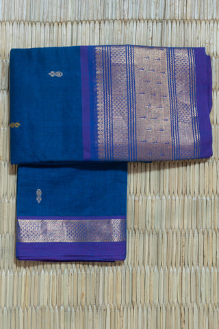Teal Blue Chettinad Cotton Saree with Rose Gold Zari and Purple Salvage