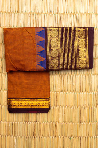 Rust Orange Chettinad Cotton Saree with Royal Blue and Golden Temple Border