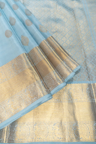 Sky blue handloom Kanjivaram silk saree with gold zari buttas