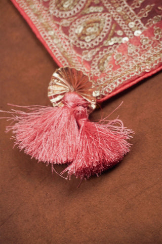 Rose pink organza dupatta with all-over floral vine embroidery, sequins, embellished border and corner tassels