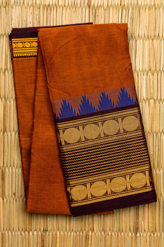 Rust Orange Chettinad Cotton Saree with Royal Blue and Golden Temple Border