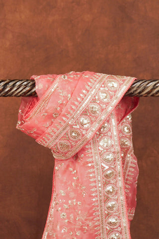 Rose pink organza dupatta with all-over floral vine embroidery, sequins, embellished border and corner tassels