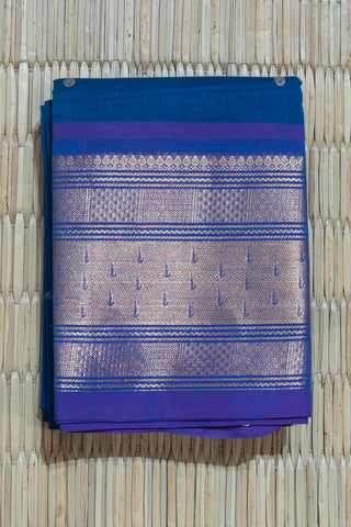 Teal Blue Chettinad Cotton Saree with Rose Gold Zari and Purple Salvage