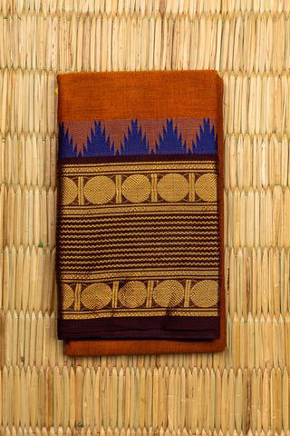 Rust Orange Chettinad Cotton Saree with Royal Blue and Golden Temple Border