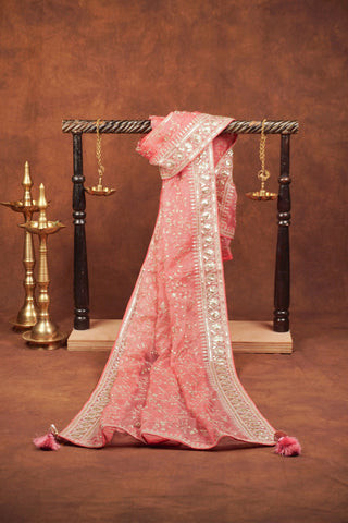 Rose pink organza dupatta with all-over floral vine embroidery, sequins, embellished border and corner tassels