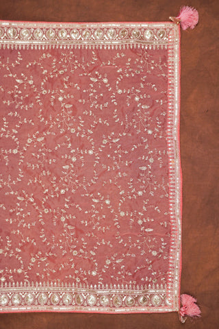 Rose pink organza dupatta with all-over floral vine embroidery, sequins, embellished border and corner tassels