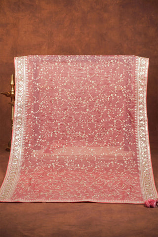 Rose pink organza dupatta with all-over floral vine embroidery, sequins, embellished border and corner tassels
