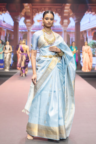 Sky blue handloom Kanjivaram silk saree with gold zari buttas