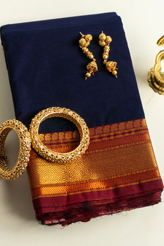Classic Navy Blue Chettinad Cotton Saree with Rust Red and Gold Zari Border