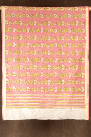 White Chanderi dupatta with berry block print and coral zig zag pallu