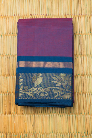 Jamuni purple Chettinad cotton saree with navy blue border and copper zari stripe detailing