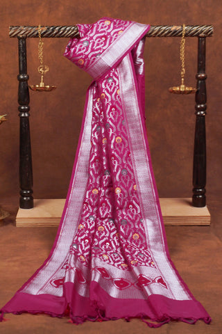 Deep magenta purple-pink Banarasi dupatta with silver zari jaal, arched leaf pattern and meenakari floral centers