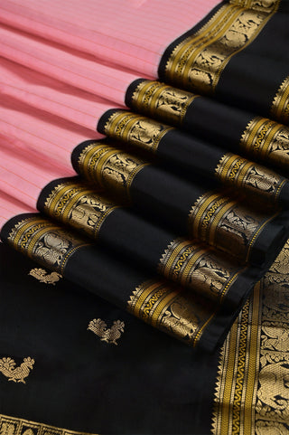 Kanjivaram Silk Saree in Pink with Black Elephant & Peacock Border