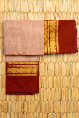 Nude Pink Chettinad Cotton Saree with Rust Red and Golden Coin Border