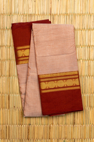 Nude Pink Chettinad Cotton Saree with Rust Red and Golden Coin Border