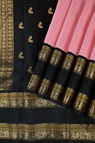 Kanjivaram Silk Saree in Pink with Black Elephant & Peacock Border
