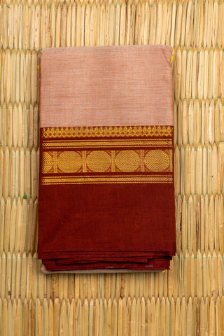 Nude Pink Chettinad Cotton Saree with Rust Red and Golden Coin Border