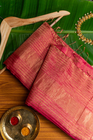 Rani Pink and Gold Zari Striped Maheshwari Saree handloom