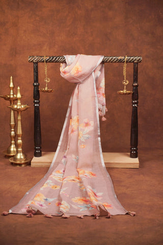 Lilac linen saree with watercolour-style floral prints in peach, yellow and blush, silver zari selvedge and tassels