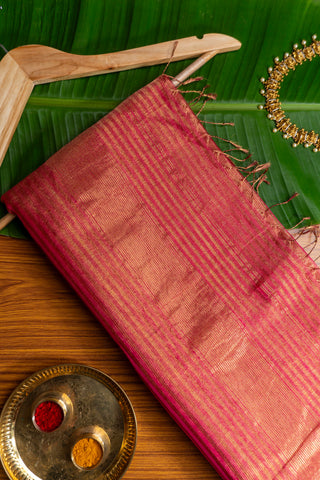 Rani Pink and Gold Zari Striped Maheshwari Saree handloom