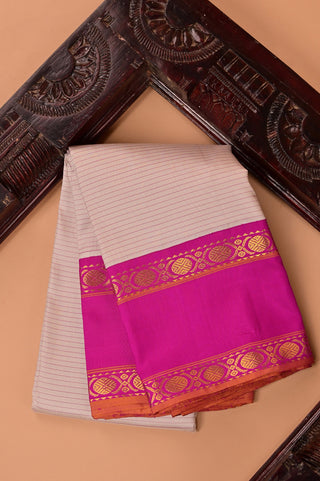 Elegant Cream Kanjivaram Silk Saree with Pink Contrast Border & Gold Zari