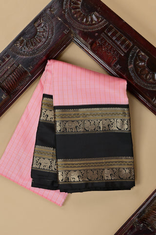 Kanjivaram Silk Saree in Pink with Black Elephant & Peacock Border