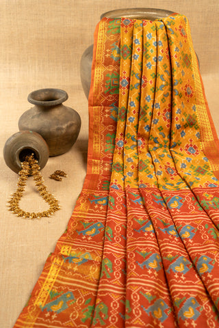 Golden Mustard Art Silk Patola Print Saree with multicolour Patola motifs