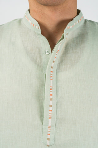 Men's Linen Blend Long Kurta with Center Trim Detail