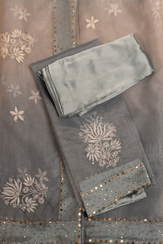 Dual-Tone Dark Grey Light Greyand  Organza Chikankari Saree with White Embroidery